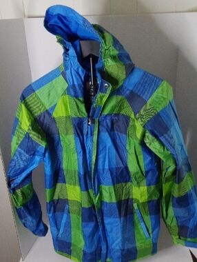 Columbia Blue and Green Plaid Hooded Rain Jacket